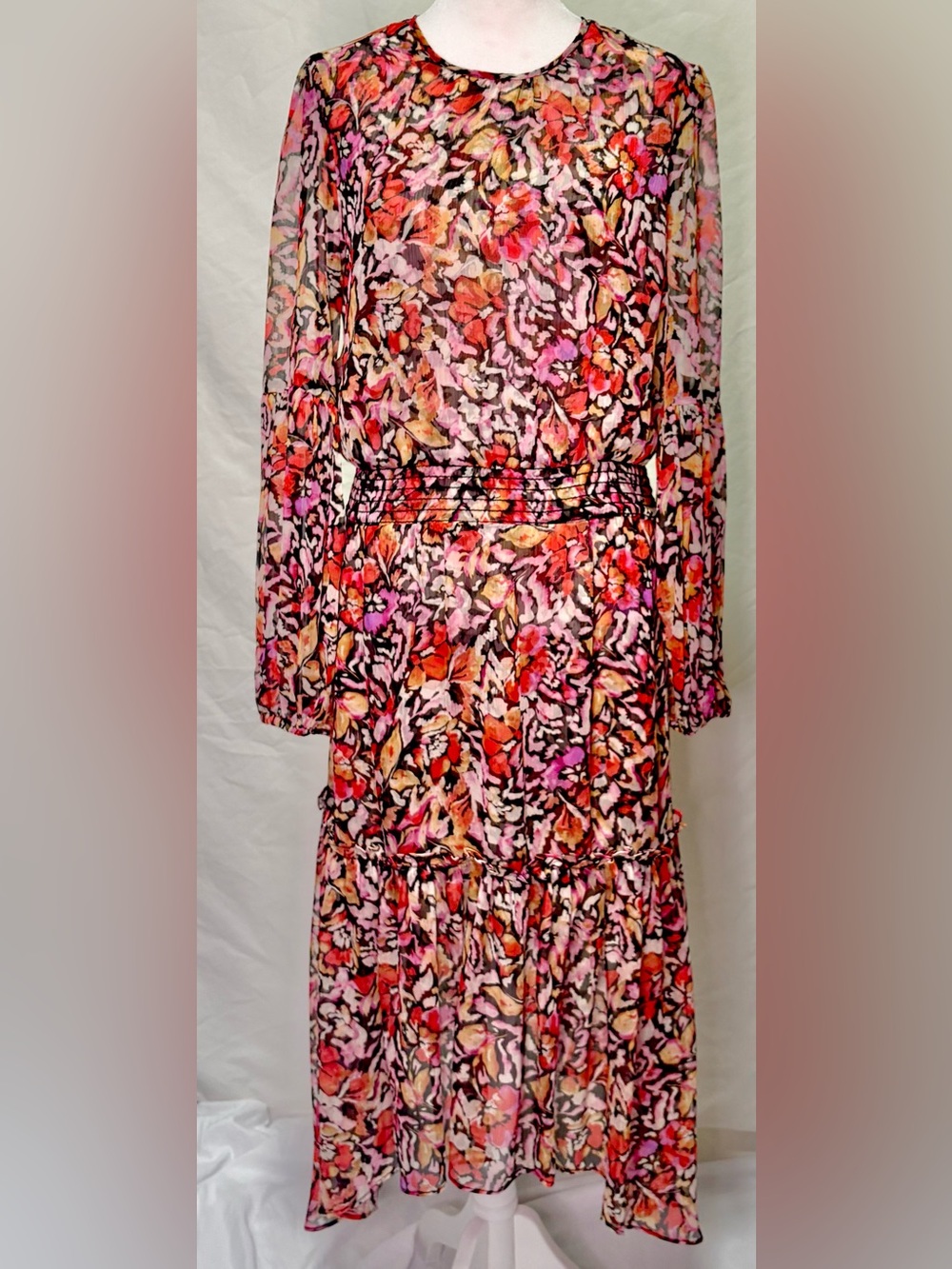 MISA Los Angeles Floral Chiffon Asymmetrical Midi Dress Size